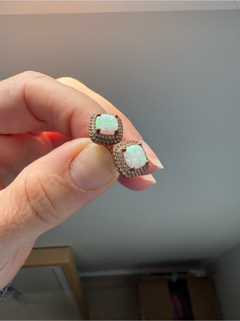 Opal Halo Stud Earrings - White Opal with Rose Gold Pavé